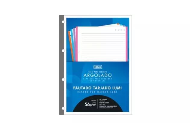 REFIL FOLHA PARA FICHARIO UNIVERSITÁRIO PAUTADO 4 FUROS COLOR TARJADO 96 FOLHAS 200X275 TILIBRA