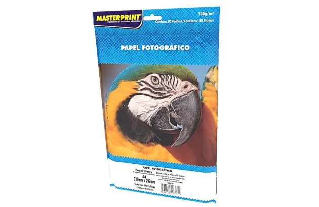 PAPEL FOTOGRÁFICO GLOSSY 180G/M² A4 50 FOLHAS BRANCO  - IMPRESSÃO JATO DE TINTA | MASTERPRINT