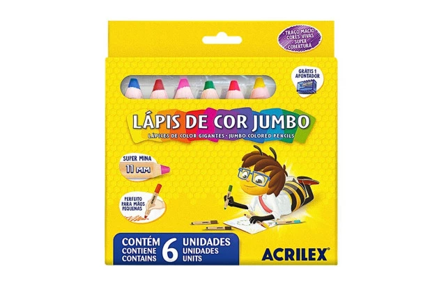 LÁPIS DE COR JUMBO 6 CORES COM APONTADOR 11MM ACRILEX 9620