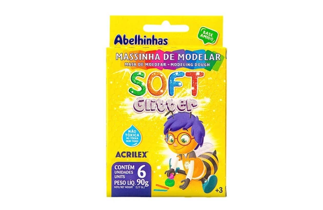 MASSA DE MODELAR 6 CORES GLITTER SOFT 90G NÃO TÓXICA ACRILEX 7360