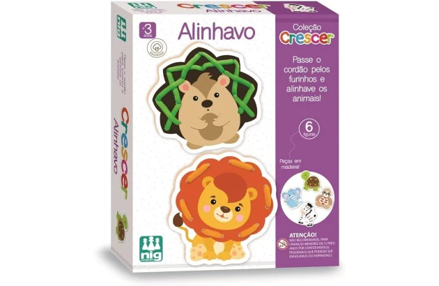 BRINQUEDO EDUCATIVO ALINHAVO ANIMAIS - 6 FIGURAS EM MADEIRA | COLEÇAO CRESCER