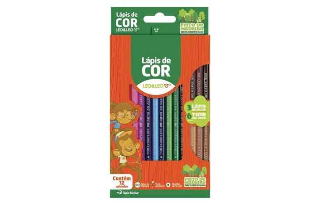 LÁPIS DE COR 12 CORES SEXTAVADO DE MADEIRA  + 3 BICOLORS TONS DE PELE LEO&LEO