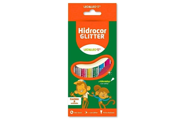 HIDROCOR 8 CORES COM GLITTER PONTA REDONDA LEO&LEO