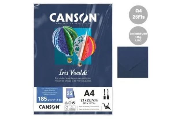 BLOCO COLORIDO NA MASSA DE DESENHO LISO A4 185G/M² AZUL MARINHO  25 FOLHAS | CANSON IRIS VIVALDI