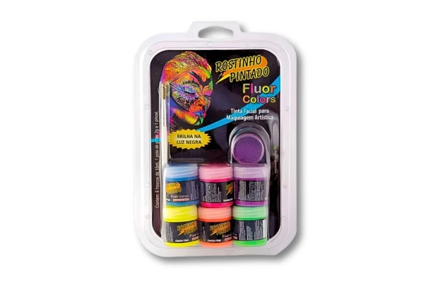 KIT TINTA FACIAL 6 CORES NEON FLUORESCENTE 15ML E 1 GLITTER - ROSTINHO PINTADO 1081