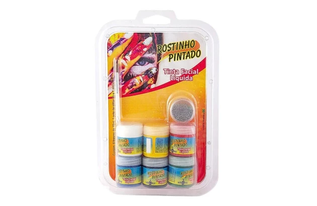 KIT TINTA FACIAL LÍQUIDA 6 CORES DE 15ML E 1 GLITTER - LINHA ESCOLAR - ROSTINHO PINTADO 1080