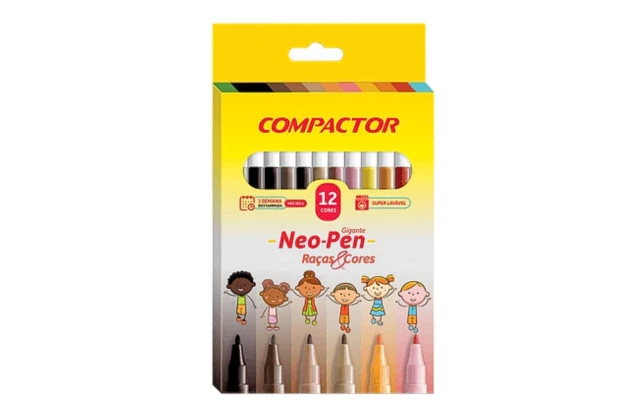 HIDROCOR 12 CORES RAÇA E CORES NEO-PEN GIGANTE PONTA MÉDIA LAVÁVEL - COMPACTOR