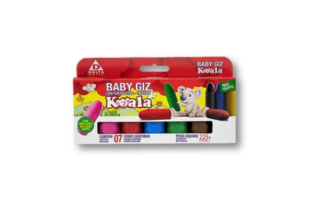 GIZÃO DE CERA BABY 7 CORES JUMBO 225G KOALA DELTA - 0008