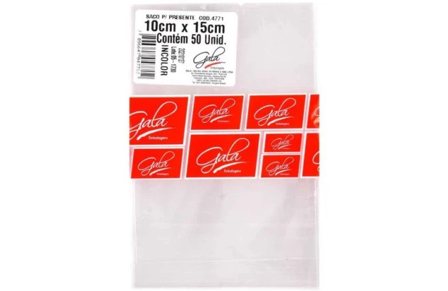 SACO PARA PRESENTE TRANSPARENTE 10X15 CM INCOLOR POLIPROPILENO PLÁSTICO - PACOTE COM 50 UND | GALA