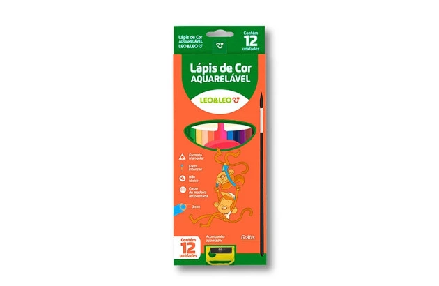 LÁPIS DE COR 12 CORES AQUARELÁVEL COM PINCEL LEO&LEO