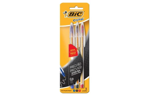 CANETA ESFEROGRAFICA 0.8 CRISTAL BIC FINA AZUL, PRETA E VERMELHA 3UND BLISTER BIC