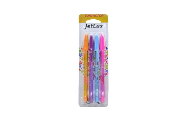 CANETA ESFEROGRAFICA 1.0 COMPACTOR JET LUX BLISTER 4 UNDS LR/ VI/ AZ TUR/ PUR