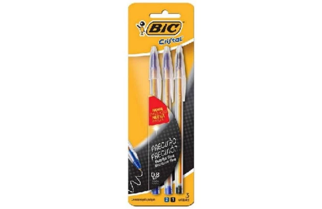 CANETA ESFEROGRAFICA 0.8 CRISTAL BIC FINA 02 AZUL, 01 PRETA 3UND BLISTER BIC