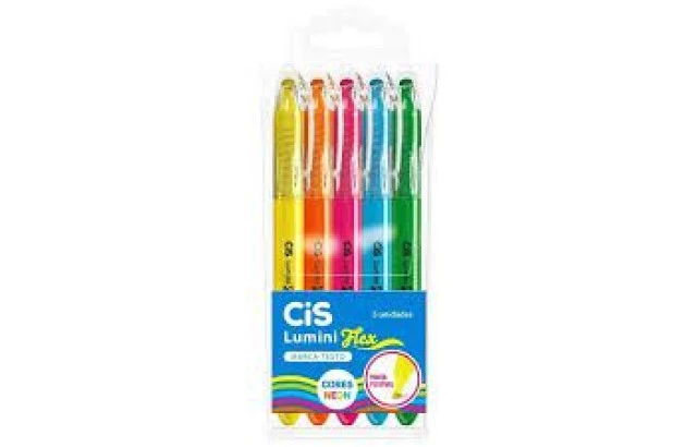 ESTOJO MARCA TEXTO 5 CORES NEON CIS LUMINI FLEX