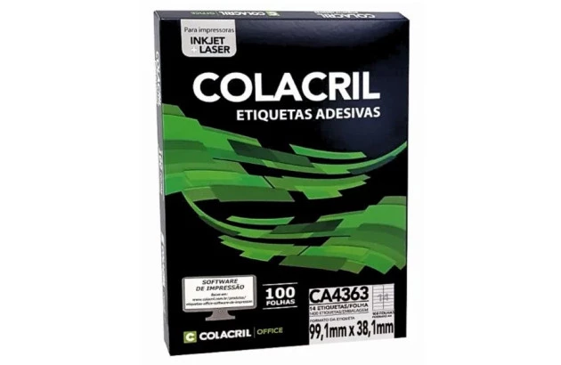 ETIQUETA ADESIVA A4 14 99,1X38,1MM 100 FOLHAS BRANCA - IMPRESSORA INJET OU LASER  | COLACRIL CA4363