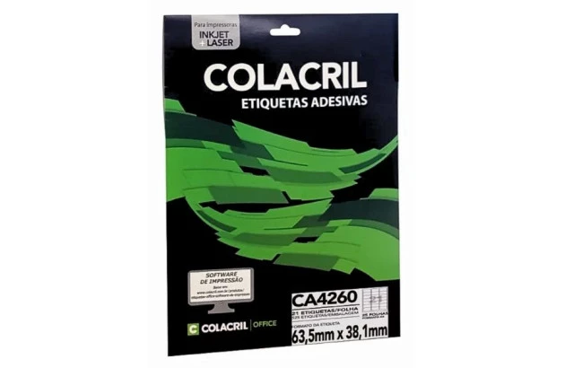 ETIQUETA ADESIVA A4 21 63,5X38,1MM 25 FOLHAS BRANCA - IMPRESSORA INJET OU LASER  | COLACRIL CA4260