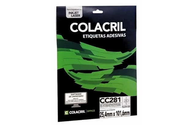 ETIQUETA ADESIVA CARTA 20 25,4X101,6 MM 25 FOLHA BRANCA - IMPRESSORA INJET OU LASER | COLACRIL CC281