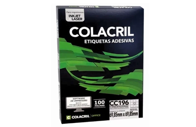 ETIQUETA ADESIVA CARTA 9 69,85X69,85MM 100FOLHAS BRANCA - IMPRESSORA INJET OU LASER | COLACRIL CC196