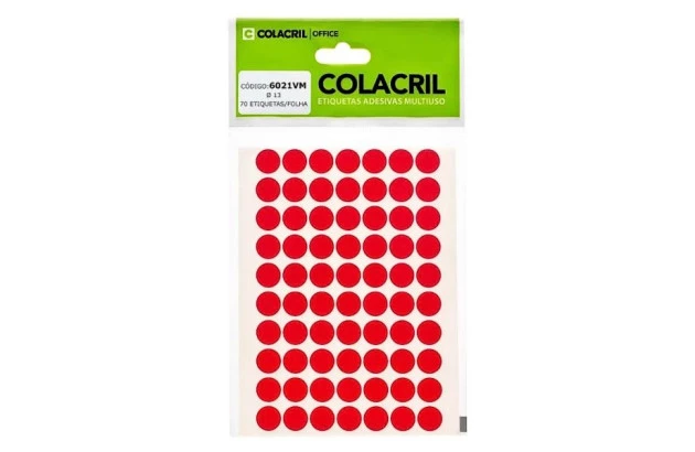 ETIQUETA ADESIVA MULTIUSO REDONDA N° 13MM VERMELHA - 6 FOLHAS 420 ETIQUETAS | COLACRIL 6021VM