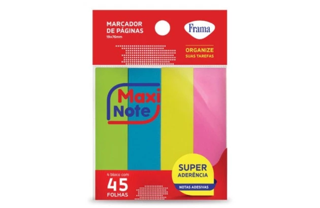 MARCADOR DE PAGINAS ADESIVO 19X76 MM 45 FOLHAS 4 BLOCOS CORES NEON - ORGANIZE SUAS TAREFAS | FRAMA
