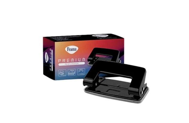 PERFURADOR DE PAPEL 2 FUROS 12 FOLHAS METAL PEQUENO PRETO | FRAMA