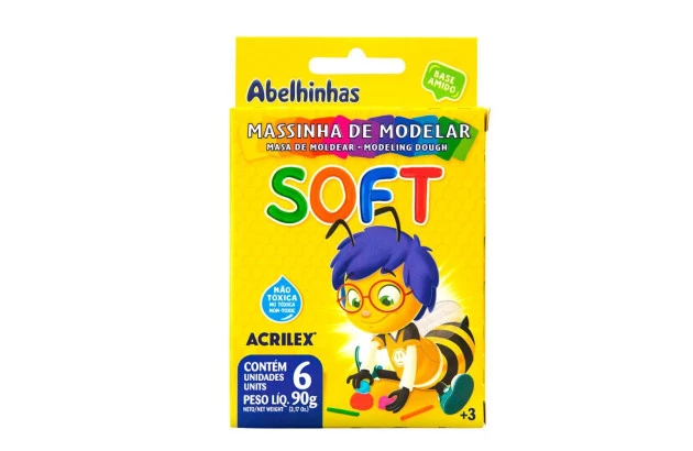 MASSA DE MODELAR SOFT 6 CORES 90G NÃO TÓXICA | ABELHINHA ACRILEX