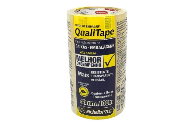 FITA ADESIVA TRANSPARENTE 48MM X 100M - PARA EMBALAGEM QUALITAPE 520– ACRÍLICO BASE ÁGUA | ADELBRAS