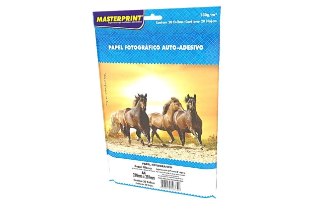 PAPEL FOTOGRÁFICO AUTO ADESIVO GLOSSY 130G/M² A4 20 FOLHAS BRANCO - JATO DE TINTA | MASTERPRINT