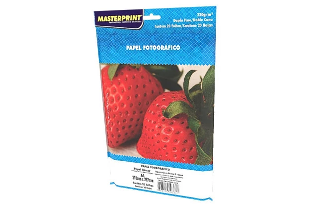 PAPEL FOTOGRÁFICO DUPLA FACE GLOSSY 220G/M² A4 20 FOLHAS BRANCO  - JATO DE TINTA | MASTERPRINT