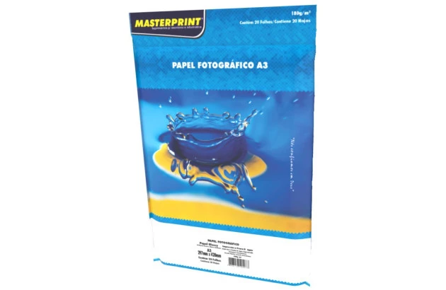 PAPEL FOTOGRÁFICO GLOSSY 180G/M² A3 20 FOLHAS BRANCO  - IMPRESSÃO JATO DE TINTA | MASTERPRINT