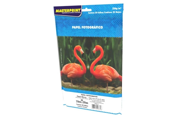 PAPEL FOTOGRÁFICO GLOSSY 230G/M² A4 20 FOLHAS BRANCO  - IMPRESSÃO JATO DE TINTA | MASTERPRINT