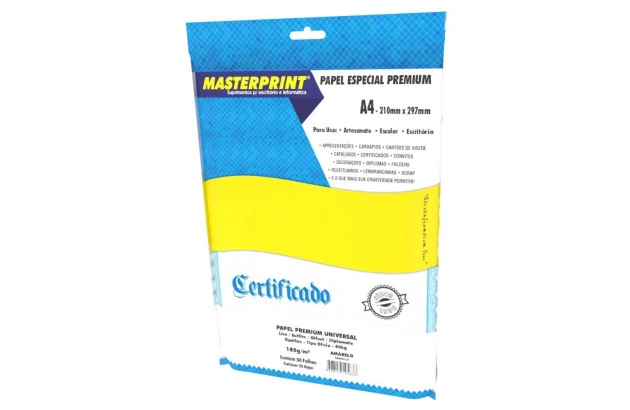 PAPEL DIPLOMATA LISO OFFSET AMARELO 180G 60KG A4 50 FOLHAS  SULFITE, JATO DE TINTA | MASTERPRINT
