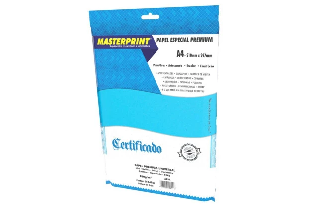 PAPEL DIPLOMATA LISO OFFSET AZUL 180G 60KG A4 50 FOLHAS  SULFITE, JATO DE TINTA | MASTERPRINT