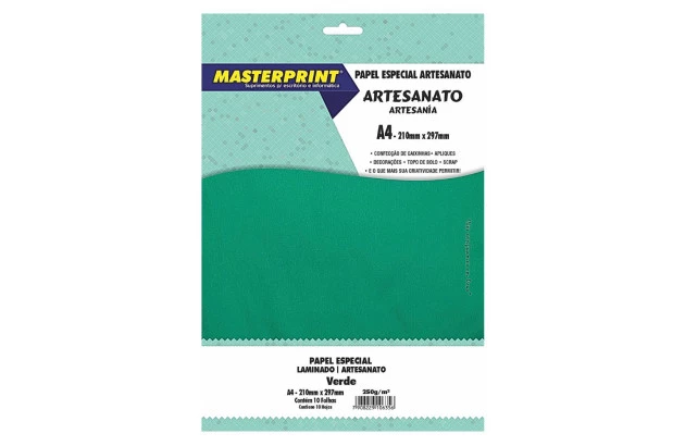 PAPEL LAMINADO VERDE 250G/M² A4 10 FOLHAS LAMICOTE PARA ARTESANATO | MASTERPRINT