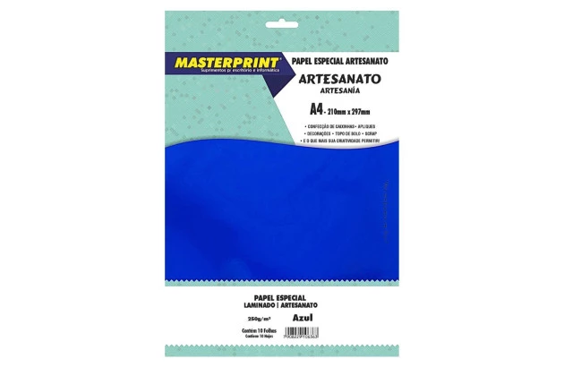 PAPEL LAMINADO AZUL 250G/M² A4 10 FOLHAS LAMICOTE PARA ARTESANATO | MASTERPRIN