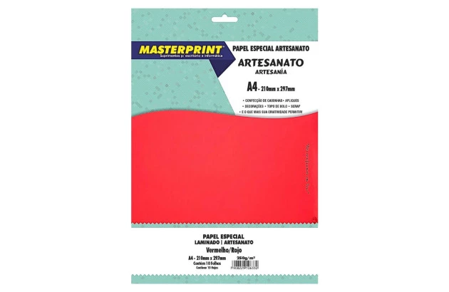 PAPEL LAMINADO VERMELHO 250G/M² A4 10 FOLHAS LAMICOTE PARA ARTESANATO | MASTERPRINT