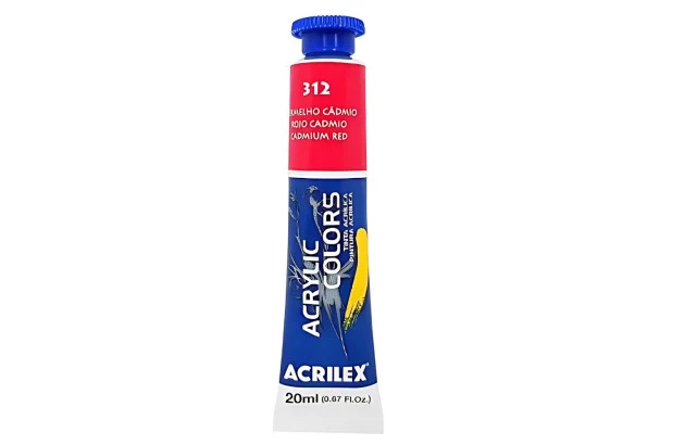 TINTA ACRÍLICA PARA TELA ACRYLIC COLORS 20ML VERMELHO DE CÁDMIO 312 - UNIDADE | ACRILEX 13123