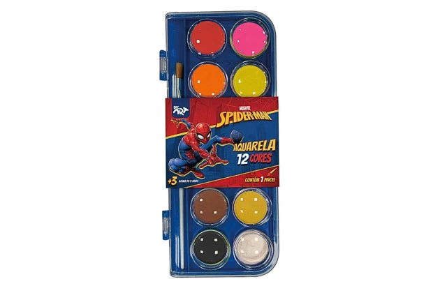 TINTA AQUARELA 12 CORES HOMEM ARANHA - ACOMPANHA 1 PINCEL | LAVÁVEL CORES BRILHANTES | DAC