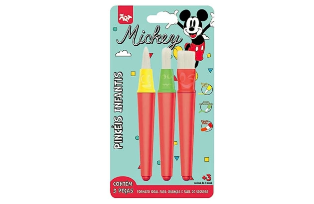 PINCEL DE PINTURA INFANTIL MICKEY 3PCS ERGONÔMICO |PONTA FINA, ARREDONDADA E RETA - INCLUSÃO