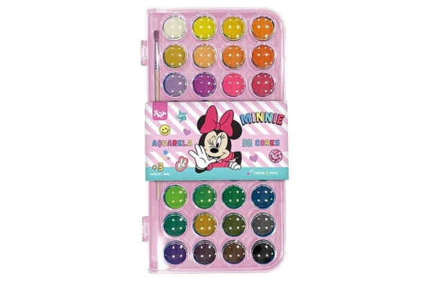TINTA AQUARELA 36 CORES MINNIE ACOMPANHA 1 PINCEL | LAVÁVEL CORES BRILHANTES - DAC
