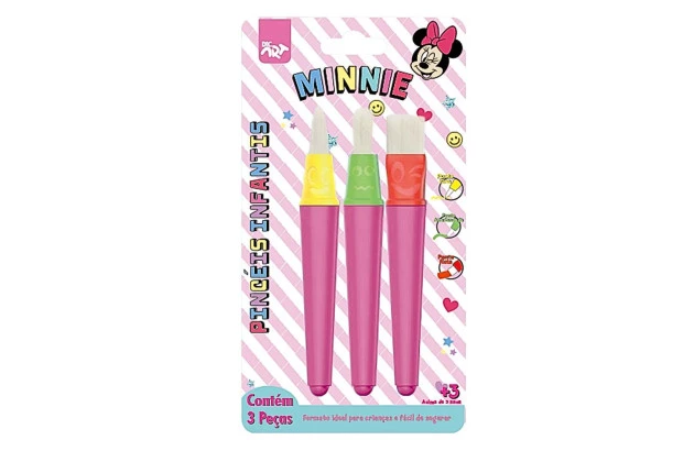 PINCEL DE PINTURA INFANTIL MINNIE 3PCS ERGONÔMICO |PONTA FINA, ARREDONDADA E RETA - INCLUSÃO