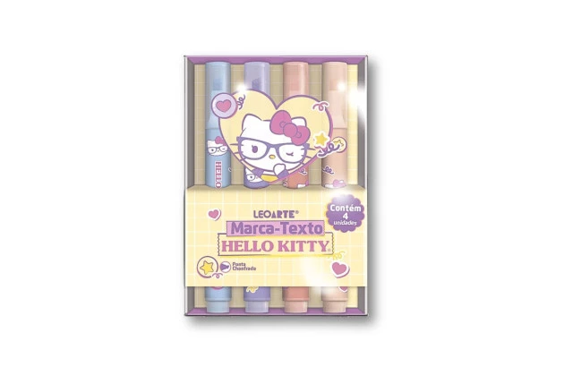 MARCA TEXTO HELLO KITTY - ESTOJO 4 CORES PONTA CHANFRADA LEOARTE - 10148