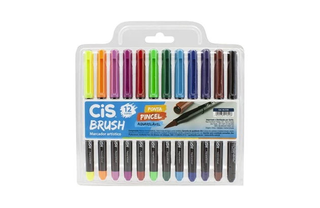 MARCADOR ARTÍSTICO BRUSH 12 CORES AQUARELÁVEL CIS
