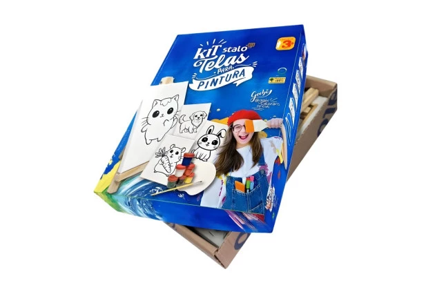 KIT TELAS PARA PINTURA INFANTIL 4 TELAS PINTURA RISCADAS,  CAVALETE, PINCEL E GUACHE | STALO