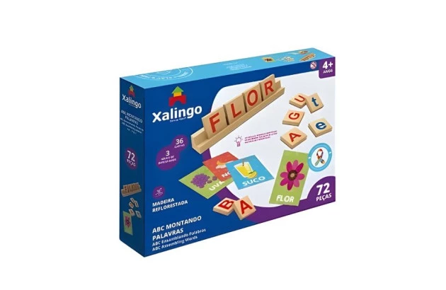 BRINQUEDO EDUCATIVO ABC MONTANDO PALAVRAS  DESENVOLVIMENTO 72 PEÇAS + 4 ANOS XALINGO