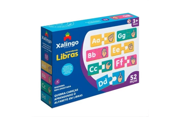 QUEBRA CABEÇA APRENDENDO ALFABETO LIBRAS 52 PEÇAS + 3 ANOS XALINGO